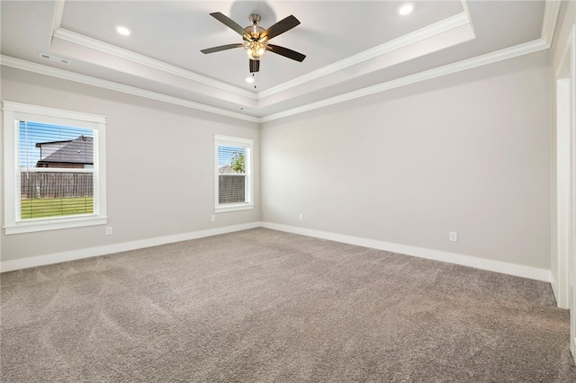 1052 Morra Ave, Tontitown, AR 72762 - carpeted empty room with a raised ceiling, ornamental molding, a ceiling fan, and recessed lighting
