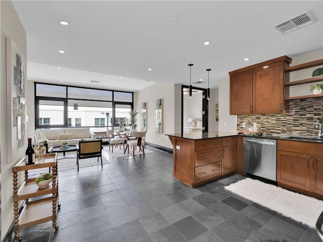 401 W Watson St Unit 507, Fayetteville, AR 72701 - kitchen with stainless steel dishwasher, open shelves, a peninsula, dark countertops, and tasteful backsplash