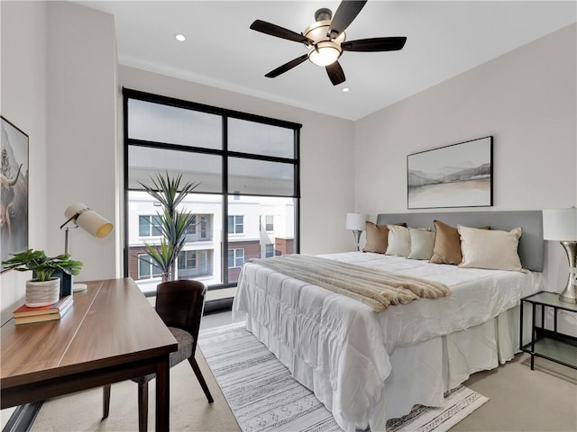 401 W Watson St Unit 507, Fayetteville, AR 72701 - bedroom featuring access to exterior, light colored carpet, a ceiling fan, recessed lighting, and an office area