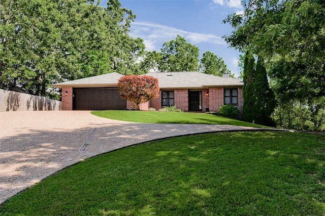 1 May Ln, Bella Vista, AR 72715 - ranch-style house with concrete driveway, a garage, brick siding, and a chimney