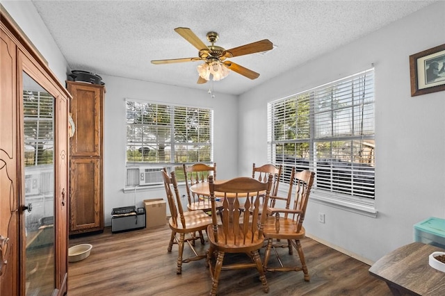 13183 Shady Grove Rd, Gravette, AR 72736 - dining space with wood finished floors, a ceiling fan, a textured ceiling, and cooling unit