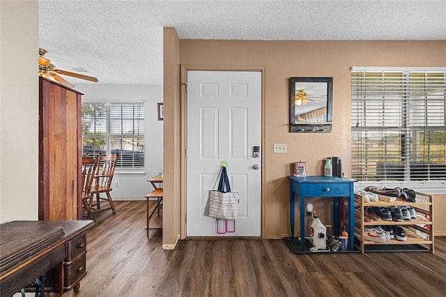 13183 Shady Grove Rd, Gravette, AR 72736 - entrance foyer with dark wood-style floors, ceiling fan, and a textured ceiling