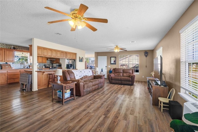 13183 Shady Grove Rd, Gravette, AR 72736 - living room featuring dark wood finished floors, a textured ceiling, a ceiling fan, and plenty of natural light