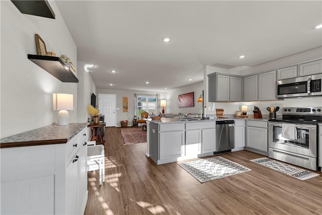 3461 Red Tail Way, Farmington, AR 72730 - kitchen featuring stainless steel appliances, gray cabinets, a peninsula, dark wood-style flooring, and open floor plan