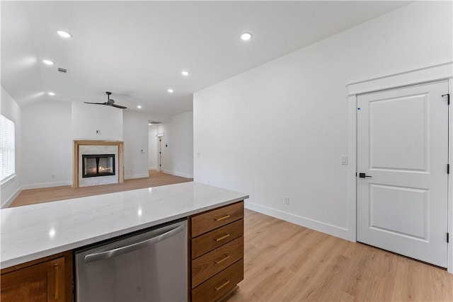 127 Overton Dr, Bella Vista, AR 72714 - kitchen featuring stainless steel dishwasher, light wood finished floors, ceiling fan, light stone countertops, and recessed lighting