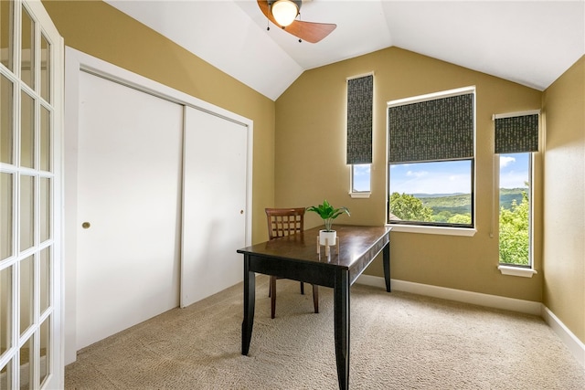 2855 E Hyland Park Rd, Fayetteville, AR 72701 - office featuring ceiling fan, light carpet, and lofted ceiling