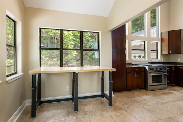2855 E Hyland Park Rd, Fayetteville, AR 72701 - kitchen with stainless steel stove, dark countertops, dark brown cabinets, lofted ceiling, and light tile patterned floors