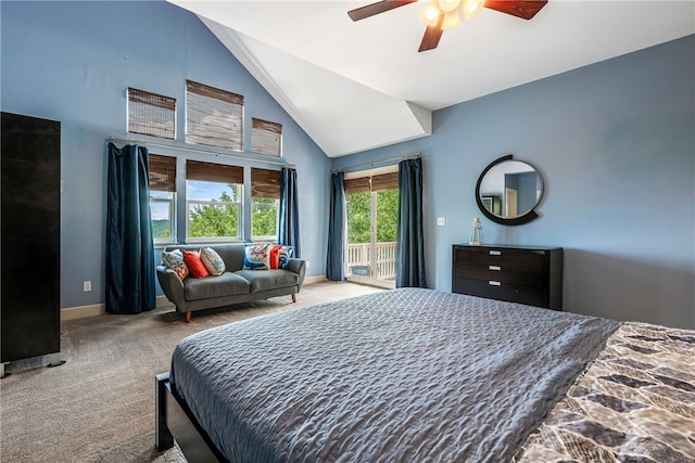 2855 E Hyland Park Rd, Fayetteville, AR 72701 - carpeted bedroom featuring access to outside, ceiling fan, and high vaulted ceiling