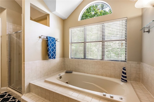 2855 E Hyland Park Rd, Fayetteville, AR 72701 - full bathroom with a stall shower, a bath, and lofted ceiling