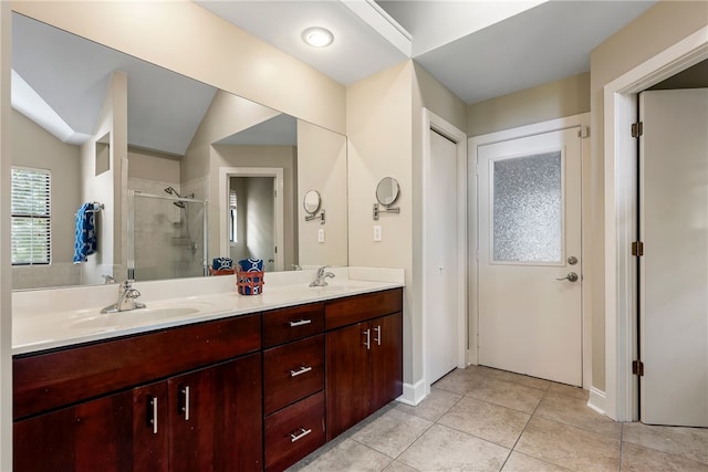 2855 E Hyland Park Rd, Fayetteville, AR 72701 - bathroom featuring double vanity, a stall shower, and tile patterned flooring