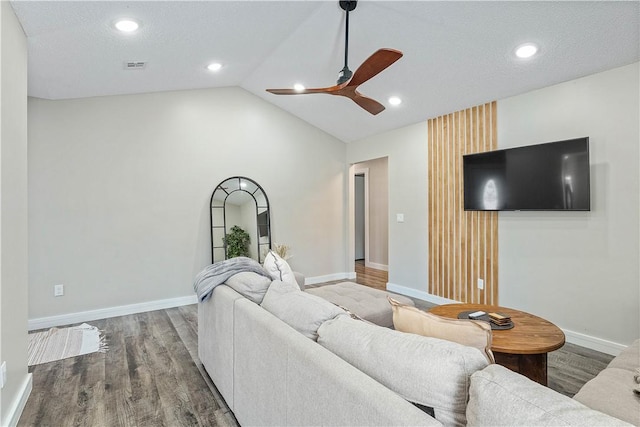 2905 NE 12th St, Bentonville, AR 72712 - living area featuring ceiling fan, wood finished floors, lofted ceiling, and recessed lighting