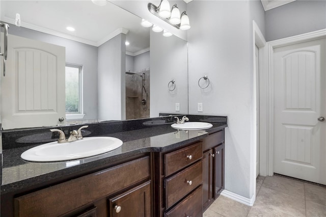 3915 Baltic St, Springdale, AR 72762 - bathroom featuring crown molding, tiled shower, double vanity, and tile patterned floors