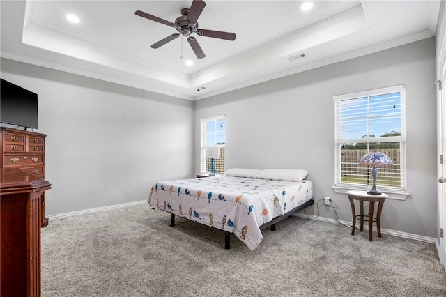 3915 Baltic St, Springdale, AR 72762 - carpeted bedroom with a raised ceiling, crown molding, recessed lighting, and ceiling fan