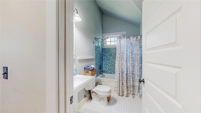 214 Lake Francis Dr, Siloam Springs, AR 72761 - full bathroom featuring shower / bathtub combination with curtain, tile patterned flooring, and vaulted ceiling