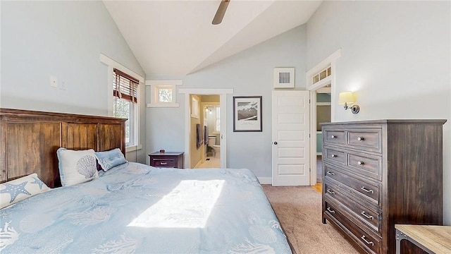 214 Lake Francis Dr, Siloam Springs, AR 72761 - bedroom with light carpet, lofted ceiling, ensuite bathroom, and a ceiling fan