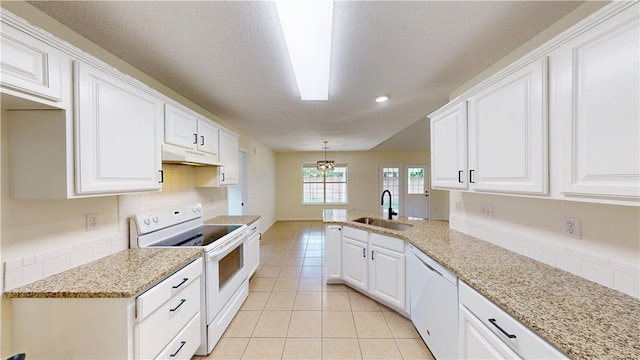 1142 S Jasmine Ln, Fayetteville, AR 72704 - kitchen featuring white appliances, under cabinet range hood, a peninsula, white cabinetry, and recessed lighting
