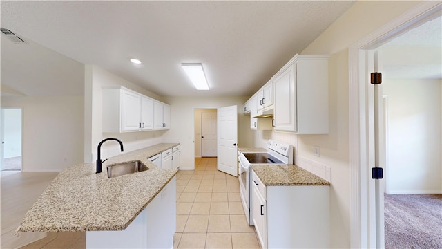 1142 S Jasmine Ln, Fayetteville, AR 72704 - kitchen featuring white appliances, a peninsula, white cabinets, light stone counters, and under cabinet range hood