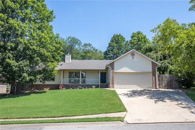 2472 W Jane Circle Dr, Fayetteville, AR 72704 - ranch-style house with a garage, brick siding, driveway, covered porch, and a chimney