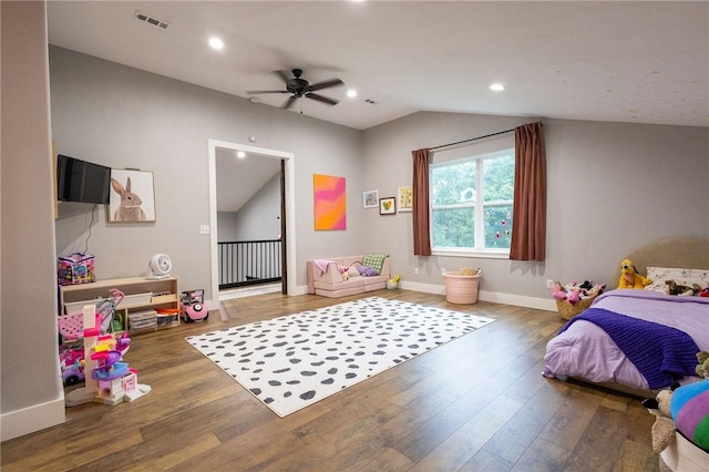 19475 Cotton Ln, Garfield, AR 72732 - bedroom with vaulted ceiling, wood finished floors, recessed lighting, and ceiling fan