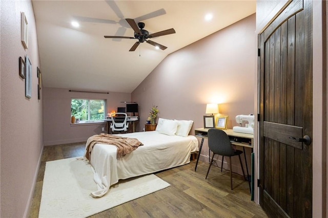 19475 Cotton Ln, Garfield, AR 72732 - bedroom featuring a desk, wood finished floors, lofted ceiling, and ceiling fan