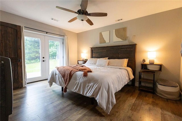 19475 Cotton Ln, Garfield, AR 72732 - bedroom with hardwood / wood-style flooring, access to outside, a ceiling fan, and french doors