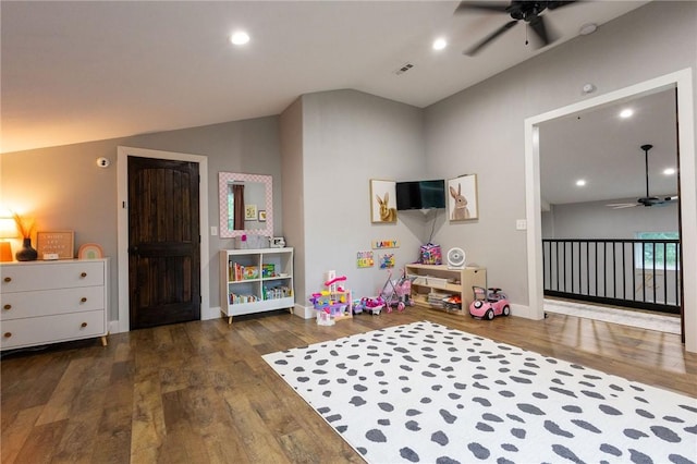 19475 Cotton Ln, Garfield, AR 72732 - rec room with ceiling fan, vaulted ceiling, wood finished floors, and recessed lighting