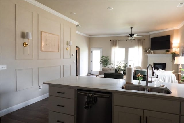 5399 Clear Springs Ave, Springdale, AR 72762 - kitchen with dishwasher, open floor plan, a fireplace, dark wood-type flooring, and a ceiling fan