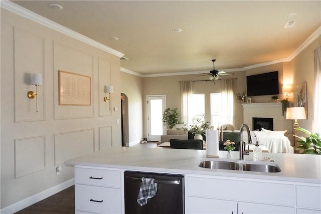 5399 Clear Springs Ave, Springdale, AR 72762 - kitchen with open floor plan, light countertops, a ceiling fan, a fireplace, and crown molding