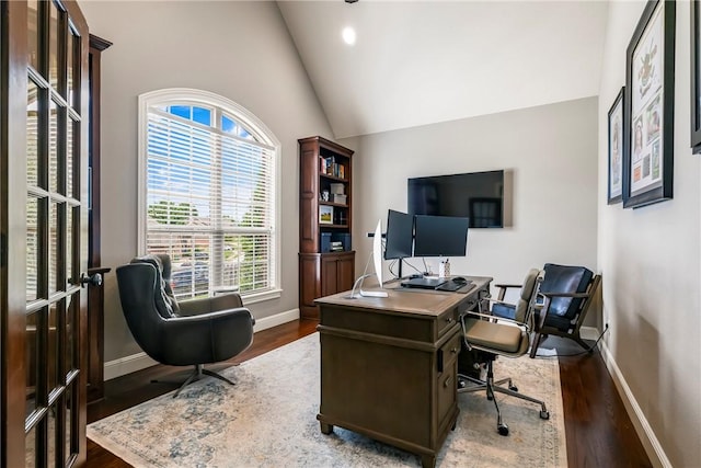 5503 S Turnberry Rd, Rogers, AR 72758 - office area featuring dark wood-style flooring, vaulted ceiling, and recessed lighting