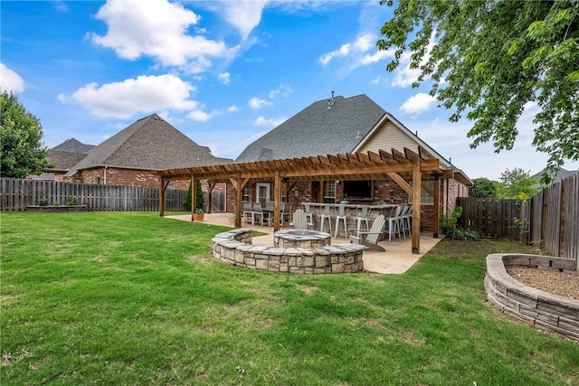 5503 S Turnberry Rd, Rogers, AR 72758 - back of property with a pergola, brick siding, a fenced backyard, and a patio area