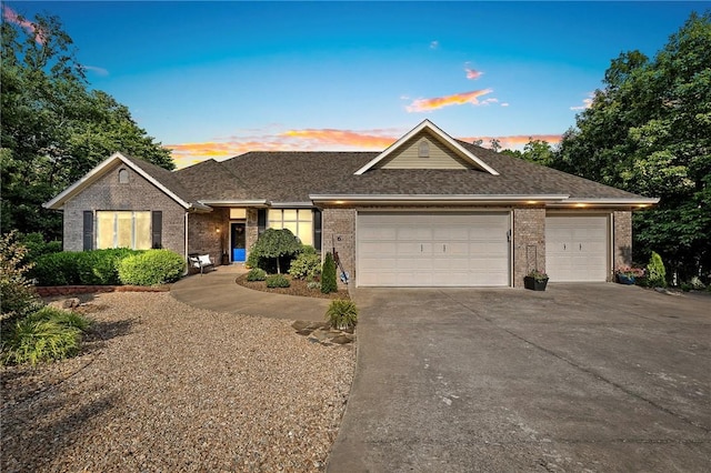 6 Leawood Pl, Bella Vista, AR 72715 - ranch-style home with brick siding, an attached garage, driveway, and roof with shingles