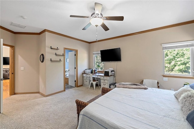 6 Leawood Pl, Bella Vista, AR 72715 - bedroom featuring light colored carpet, crown molding, a ceiling fan, and ensuite bathroom