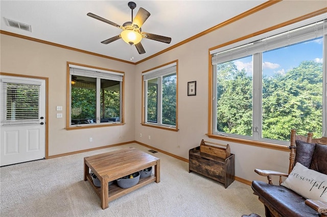 6 Leawood Pl, Bella Vista, AR 72715 - carpeted living room featuring ceiling fan and crown molding