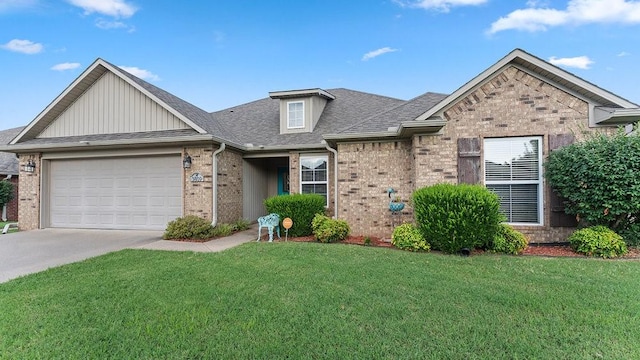 3809 N 2nd Pl, Rogers, AR 72756 - view of front of house featuring brick siding, a front lawn, an attached garage, concrete driveway, and a shingled roof