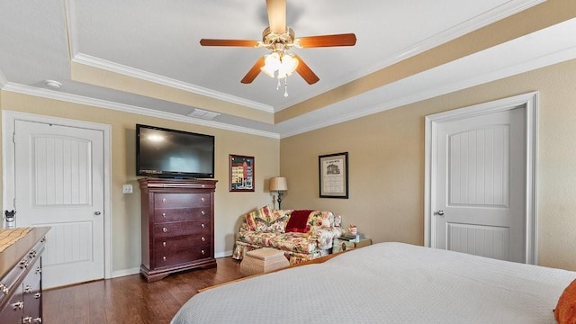 3809 N 2nd Pl, Rogers, AR 72756 - bedroom with a tray ceiling, dark wood-style floors, crown molding, and ceiling fan