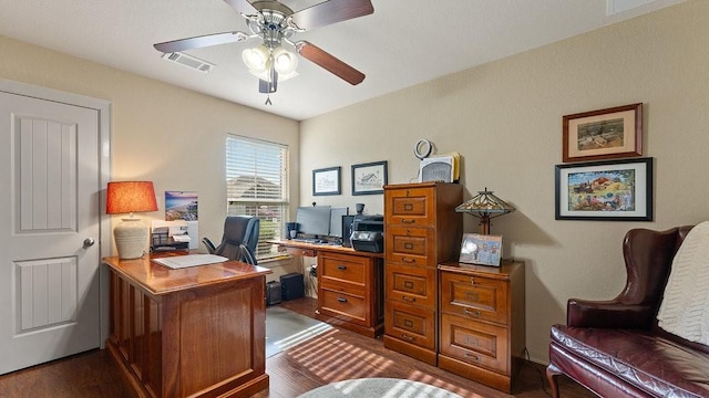 3809 N 2nd Pl, Rogers, AR 72756 - home office featuring dark wood-style floors and a ceiling fan