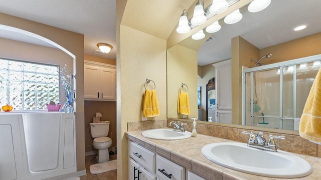 3809 N 2nd Pl, Rogers, AR 72756 - full bathroom with a shower stall, double vanity, and tile patterned floors