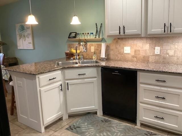 3809 N 2nd Pl, Rogers, AR 72756 - kitchen featuring black dishwasher, a peninsula, light stone countertops, light tile patterned flooring, and white cabinets