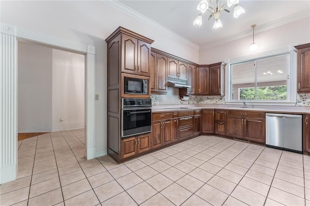 14074 Old Mill Rd, Elkins, AR 72727 - kitchen with black appliances, light tile patterned flooring, tasteful backsplash, light countertops, and a chandelier