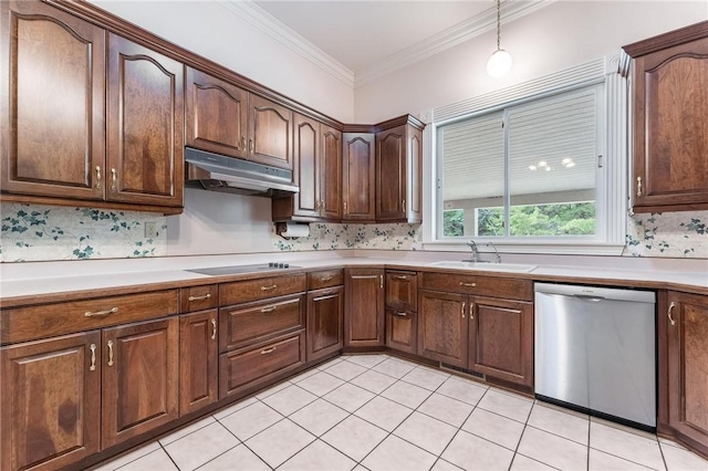 14074 Old Mill Rd, Elkins, AR 72727 - kitchen with stainless steel dishwasher, under cabinet range hood, electric stovetop, decorative light fixtures, and tasteful backsplash