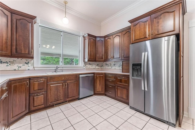 14074 Old Mill Rd, Elkins, AR 72727 - kitchen with appliances with stainless steel finishes, backsplash, hanging light fixtures, light tile patterned floors, and light countertops