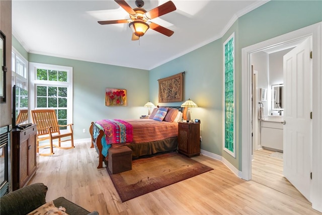 393 Timberlake Ln, Eureka Springs, AR 72631 - bedroom featuring ornamental molding, light wood-type flooring, ensuite bath, and ceiling fan