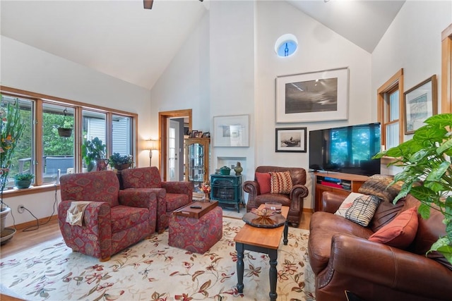 393 Timberlake Ln, Eureka Springs, AR 72631 - living area featuring high vaulted ceiling, wood finished floors, and a wood stove