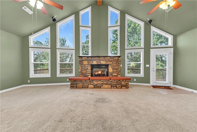 141 Hawn Ave, Huntsville, AR 72738 - unfurnished living room with ceiling fan, carpet floors, high vaulted ceiling, and healthy amount of natural light