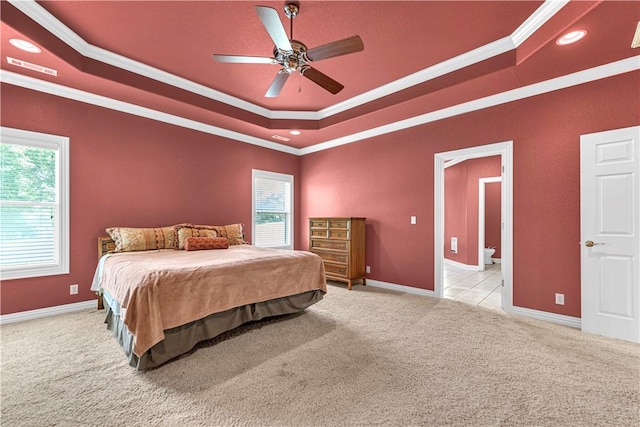 141 Hawn Ave, Huntsville, AR 72738 - carpeted bedroom with a raised ceiling, crown molding, ceiling fan, and recessed lighting