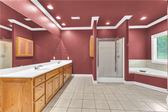 141 Hawn Ave, Huntsville, AR 72738 - full bathroom featuring crown molding, a stall shower, a garden tub, double vanity, and tile patterned floors