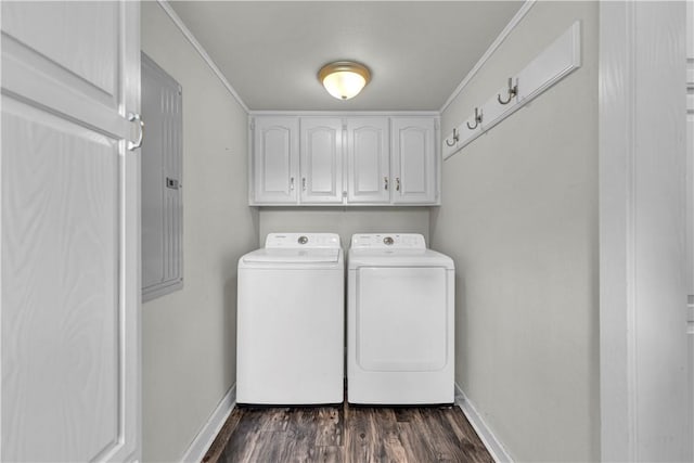 1603 W Poplar St, Rogers, AR 72758 - laundry area with washer and clothes dryer, cabinet space, dark wood-style floors, electric panel, and ornamental molding