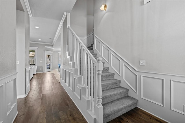801 Bellmara Cir, Cave Springs, AR 72718 - stairway with a decorative wall, wood finished floors, ornamental molding, wainscoting, and recessed lighting