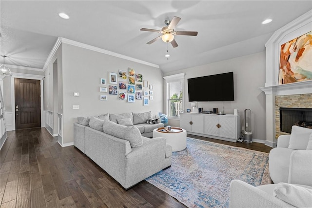 801 Bellmara Cir, Cave Springs, AR 72718 - living room with ceiling fan, dark wood-type flooring, ornamental molding, recessed lighting, and a fireplace