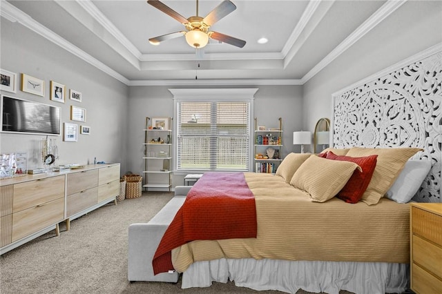 801 Bellmara Cir, Cave Springs, AR 72718 - bedroom featuring a raised ceiling, light carpet, ornamental molding, and ceiling fan